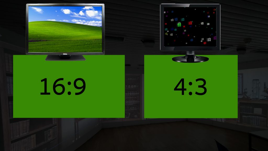 Two computer monitors compared against the room wall — a widescreen one labelled 16:9 beside a squarer one labelled 4:3