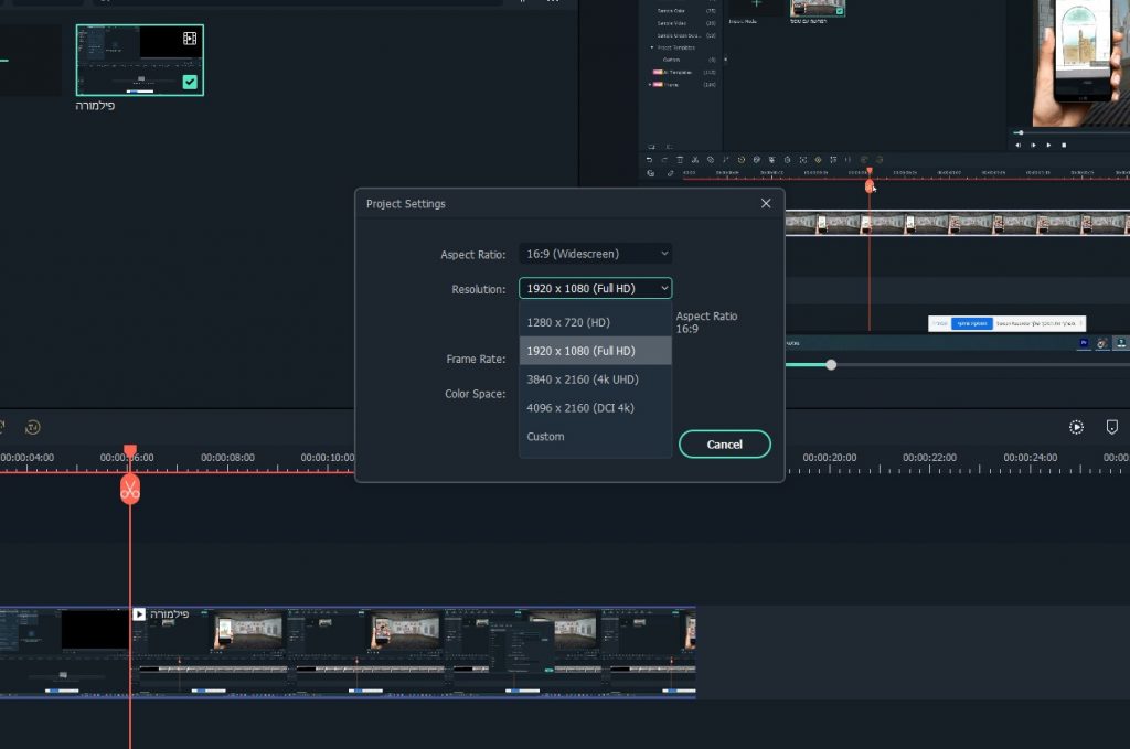 Screenshot of Filmora's Project Settings dialog with the resolution dropdown open, listing 1280 by 720, 1920 by 1080, 3840 by 2160, 4096 by 2160 and custom