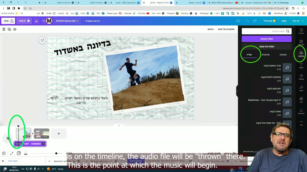 Screenshot of adding sound in Canva: the Audio tab of the uploads panel is circled in green beside a list of music tracks, and a second green circle marks the purple audio bar that has been added to the timeline beneath the slides