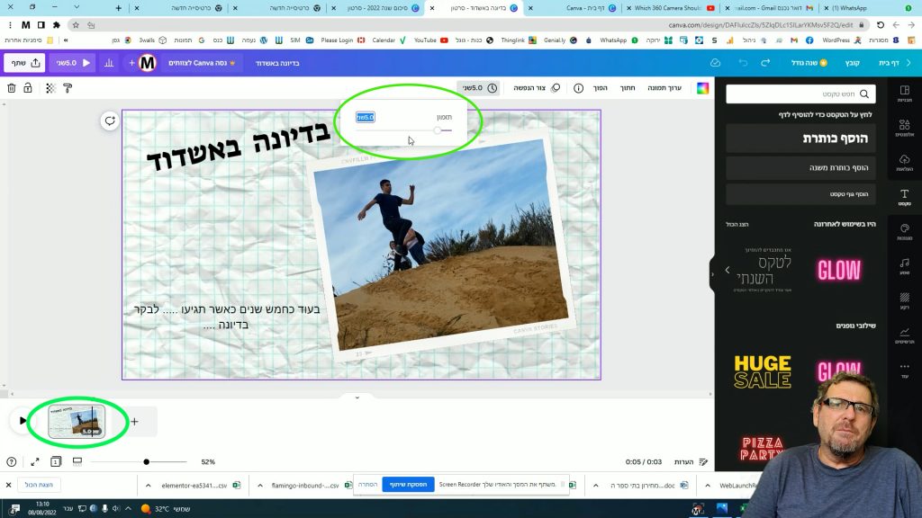 Screenshot of the Canva video editor: a slide combining a heading with a photo of a boy jumping down a sand dune, where the slide-duration popup at the top and the slide's thumbnail on the timeline below are both circled in green