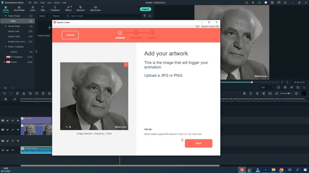 Screenshot of the EyeJack Creator wizard at step one, Add your artwork, with the Ben-Gurion photograph chosen as the image that will trigger the augmented-reality animation