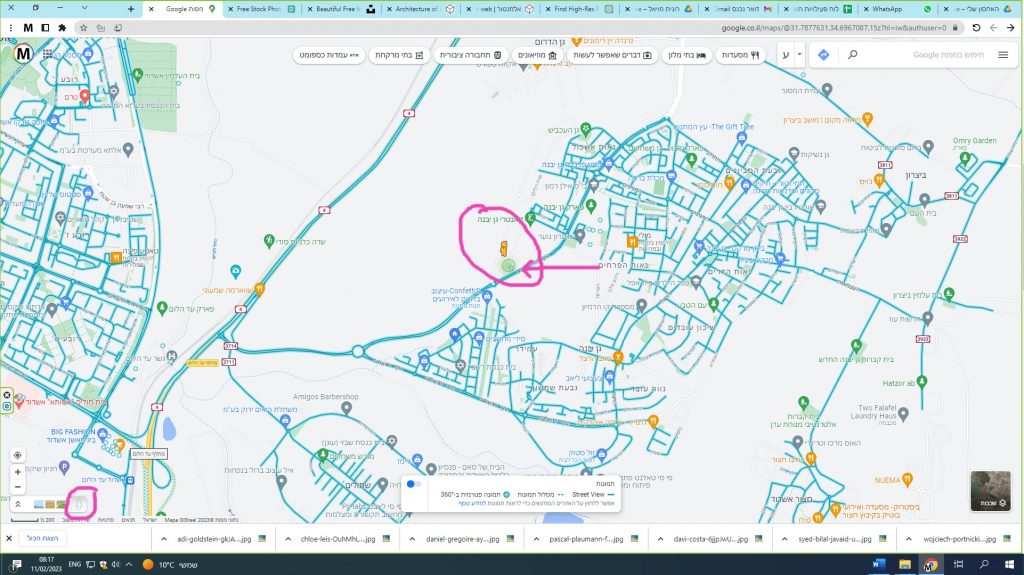 Screenshot of Google Maps with one location circled in pink and an arrow pointing at it, and the panel at the foot of the map offering Street View and 360-degree photographs