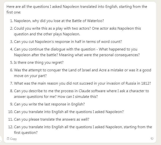 Screenshot of Claude listing, as a numbered set of twelve, every question put to Napoleon during the exercise translated into English — from why he lost at Waterloo, through whether he regrets anything and whether the campaign in the Land of Israel and Acre was a mistake, to why the 1812 invasion of Russia failed