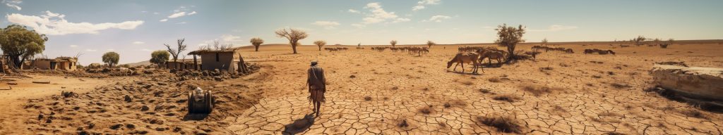 Wide panoramic image of a drought-stricken landscape: cracked bare earth stretching to the horizon, a person walking away from a cluster of mud huts, and thin cattle grazing among leafless trees