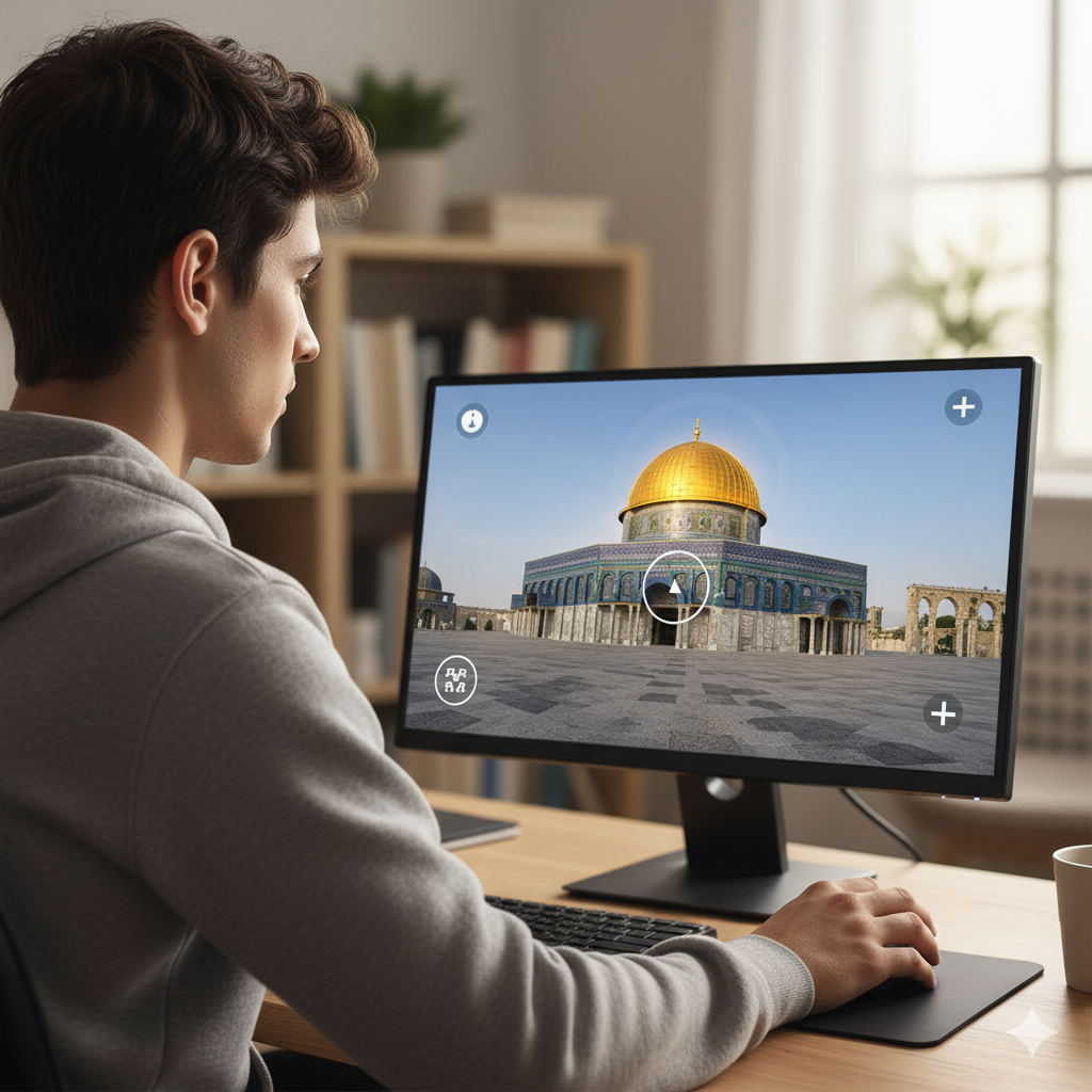 A person at a desk viewing a 360-degree virtual tour on a monitor: a panorama of the Dome of the Rock fills the screen, overlaid with circular hotspot markers for information, for moving to the next scene, and for adding a point