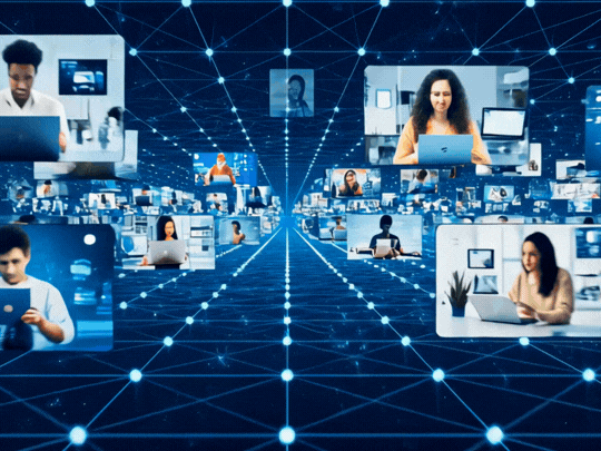 An animated digital network grid with floating video panels of people working on laptops, connected by glowing lines