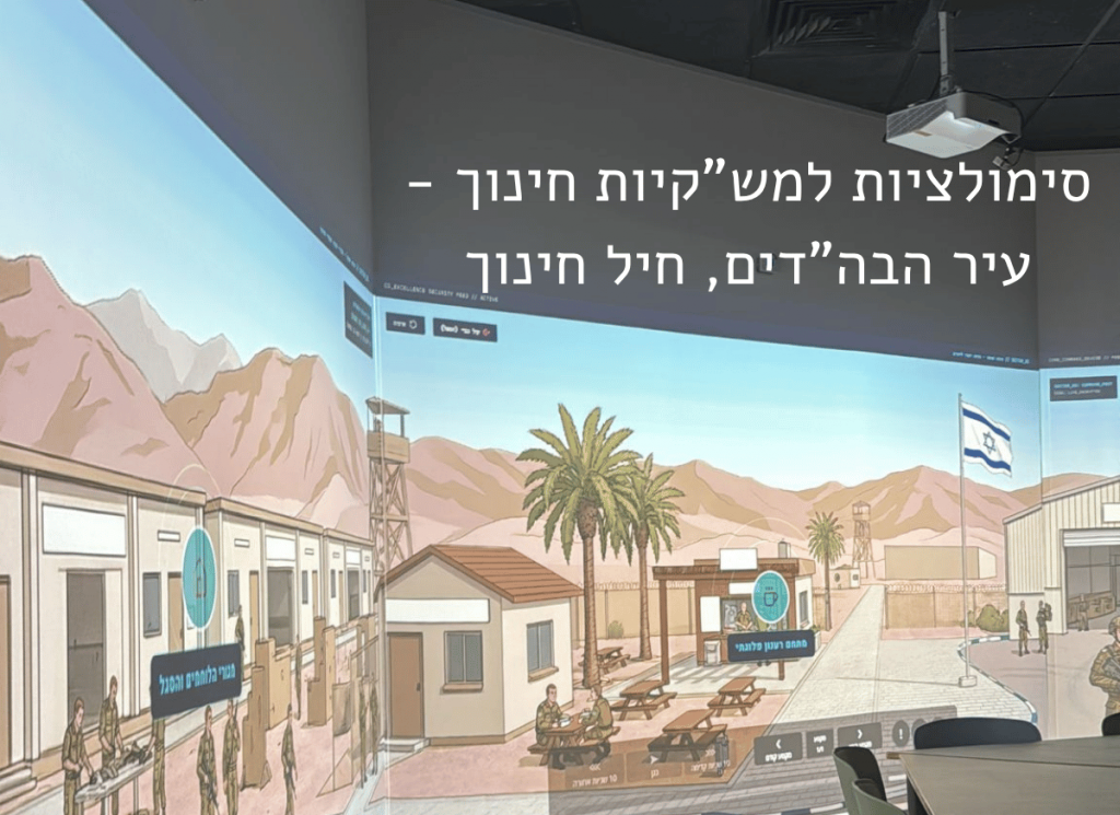איור פנורמי של בסיס צבאי במדבר עם דגל ישראל, מגדל שמירה, דקלים והרים, וחיילים הולכים בין המבנים